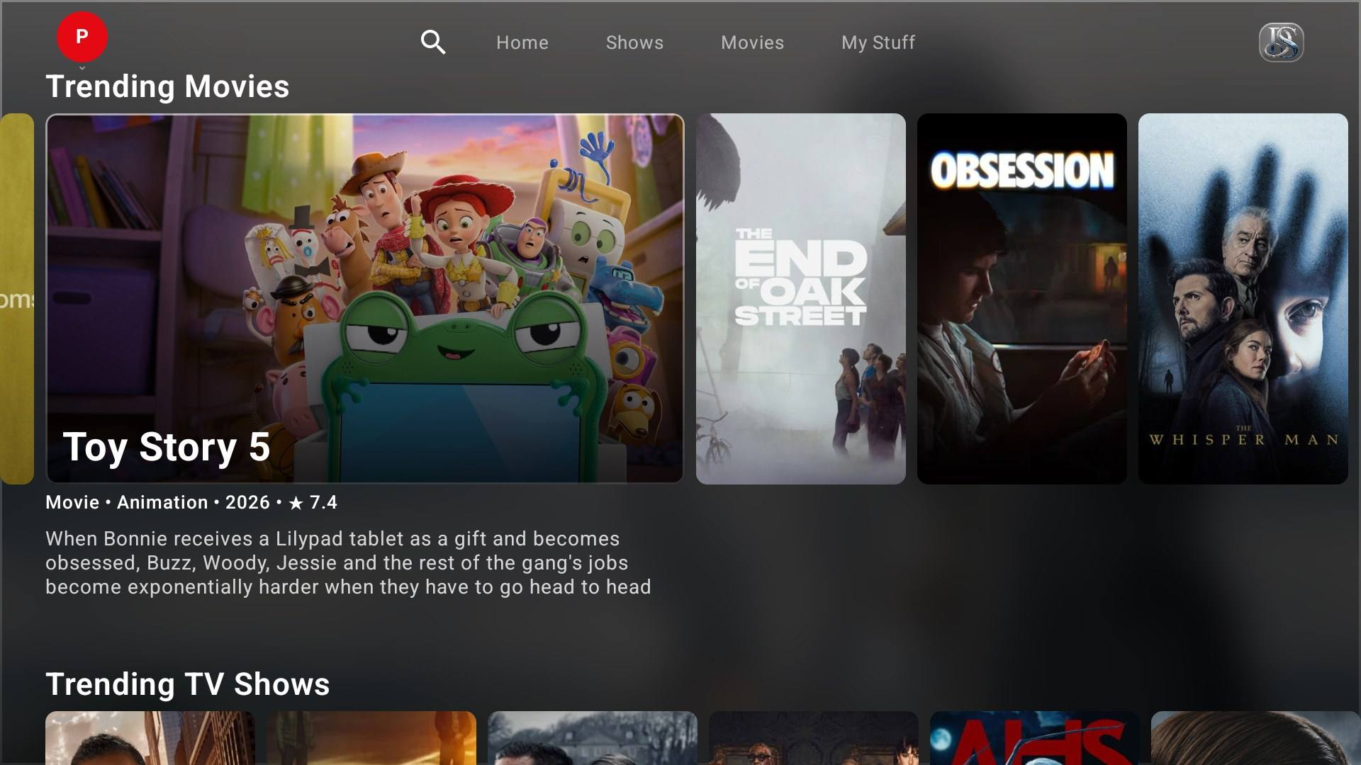 Trending Movies row on DoevStream for Android TV, with title details
