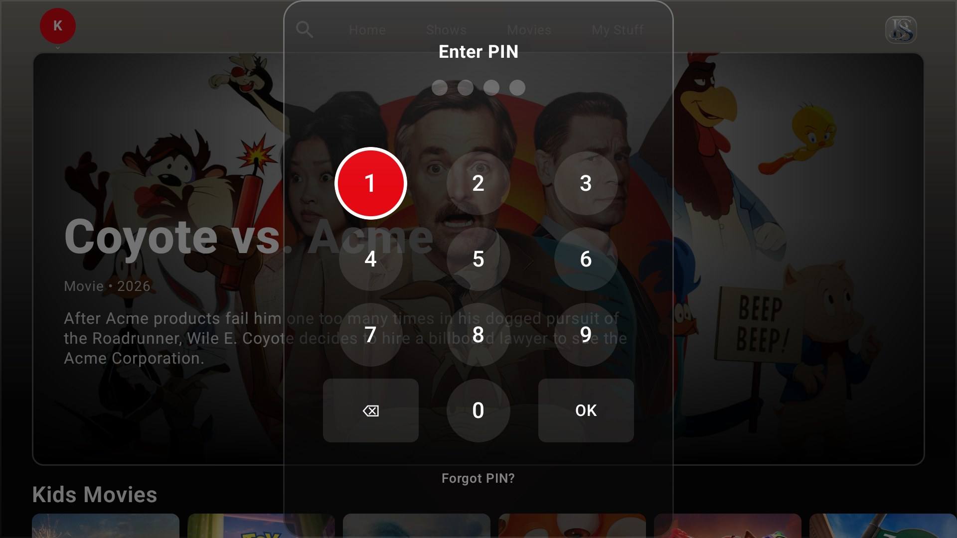 PIN pad shown when leaving a Kids profile